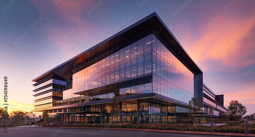 Sunset reflections on modern office building facade. Business center under evening sky. Dusk at the corporate hub.