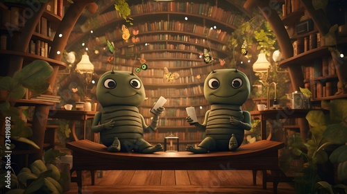 Chuckling caterpillars wearing bowties and reading newspapers in a whimsical library