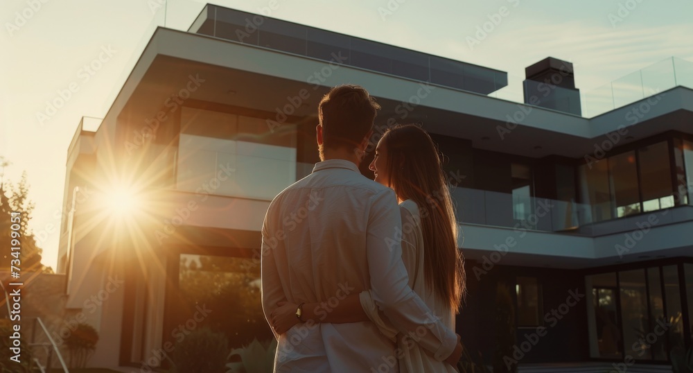 Back view of young couple, man and woman envisioning future at stylish residence. Newlyweds admire contemporary new dream home. New beginning and real estate concept.