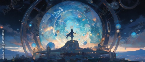 A celestial observatory atop a mountain, blending science fiction with the beauty of the cosmos. Anime characters stargaze, surrounded by holographic constellations and futuristic telescopes.  photo