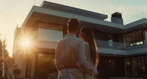 Back view of young couple, man and woman envisioning future at stylish residence. Newlyweds admire contemporary new dream home. New beginning and real estate concept.