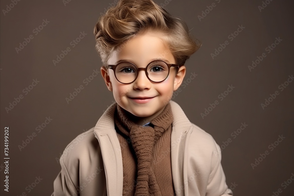 Portrait of a cute little boy in a beige coat and glasses