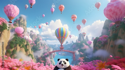 Colorful hot air balloons piloted by friendly pandas soaring over a cotton candy canyon