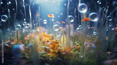 Crystal-clear bubbles containing miniature galaxies floating in a dreamy meadow, where tiny, whimsical beings ride on the surface of the iridescent orbs © Graphica Galore