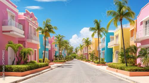  Empty streets in Cap Cana village with colorful houses © Julie
