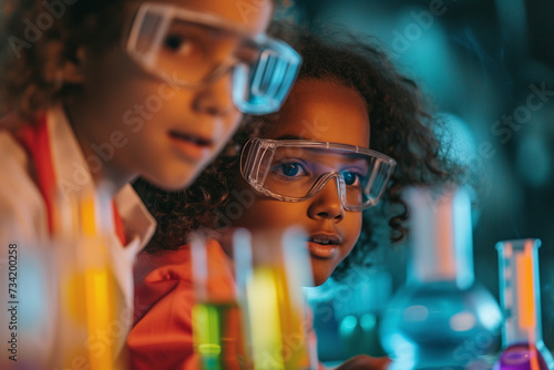 two caucasian and african children conducting chemistry experiment with colorful liquids in glass tubes during science class. kids learning environment concept