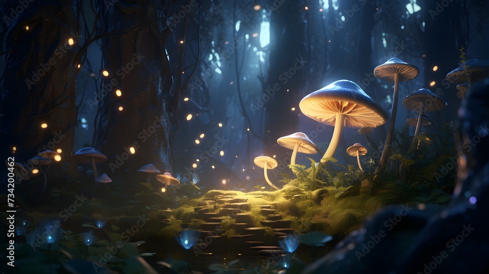 Frolicking fireflies illuminating a secret garden filled with enchanted mushrooms and pixie dust - obrazy, fototapety, plakaty 