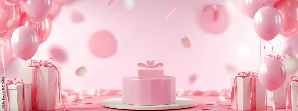 Pink podium background balloon 3d product display pastel stage day birthday ball gift. Podium platform abstract pink background love mother party color sale mom round happy room stand box cosmetic