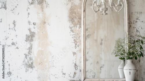  a white vase with a plant in it sitting in front of a mirror with peeling paint on the walls and a chandelier hanging from a chandelier.