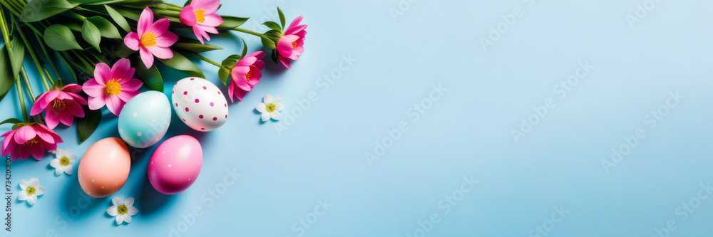 Colorful Easter eggs and blooming pink flowers on light blue background.