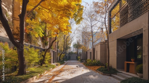  a city street lined with tall buildings and trees with yellow leaves on the ground and a sidewalk with a bench on one side and trees with yellow leaves on the other side.
