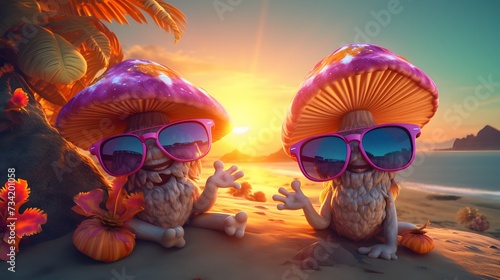 Grinning mushrooms with sunglasses sunbathing on a psychedelic beach under a neon sunset