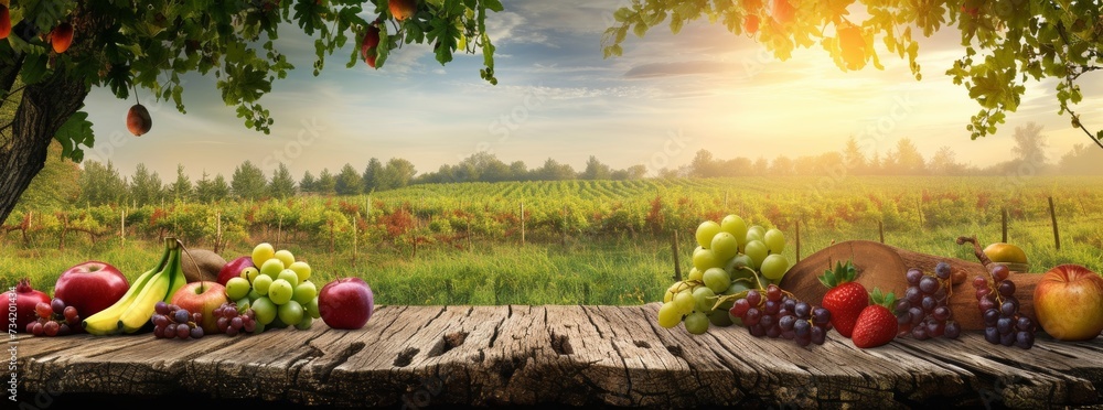 Farm wood nature field fruit table product grass garden background stand green food. Nature wood landscape morning farm outdoor sky podium forest stump beauty sun scene platform view beautiful trunk