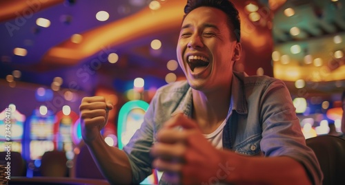 Ecstatic man celebrating victory at casino night. Joyful male gambler winning at roulette, black jack, poker table. Lucky man casino player big win in casino lights.