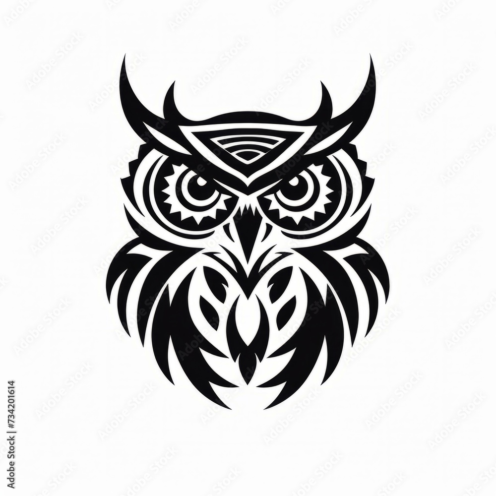 Owl Tribal Vector Monochrome Silhouette Illustration Isolated on White Background - Tattoo - Clipart - Logo - Graphic Design Element
