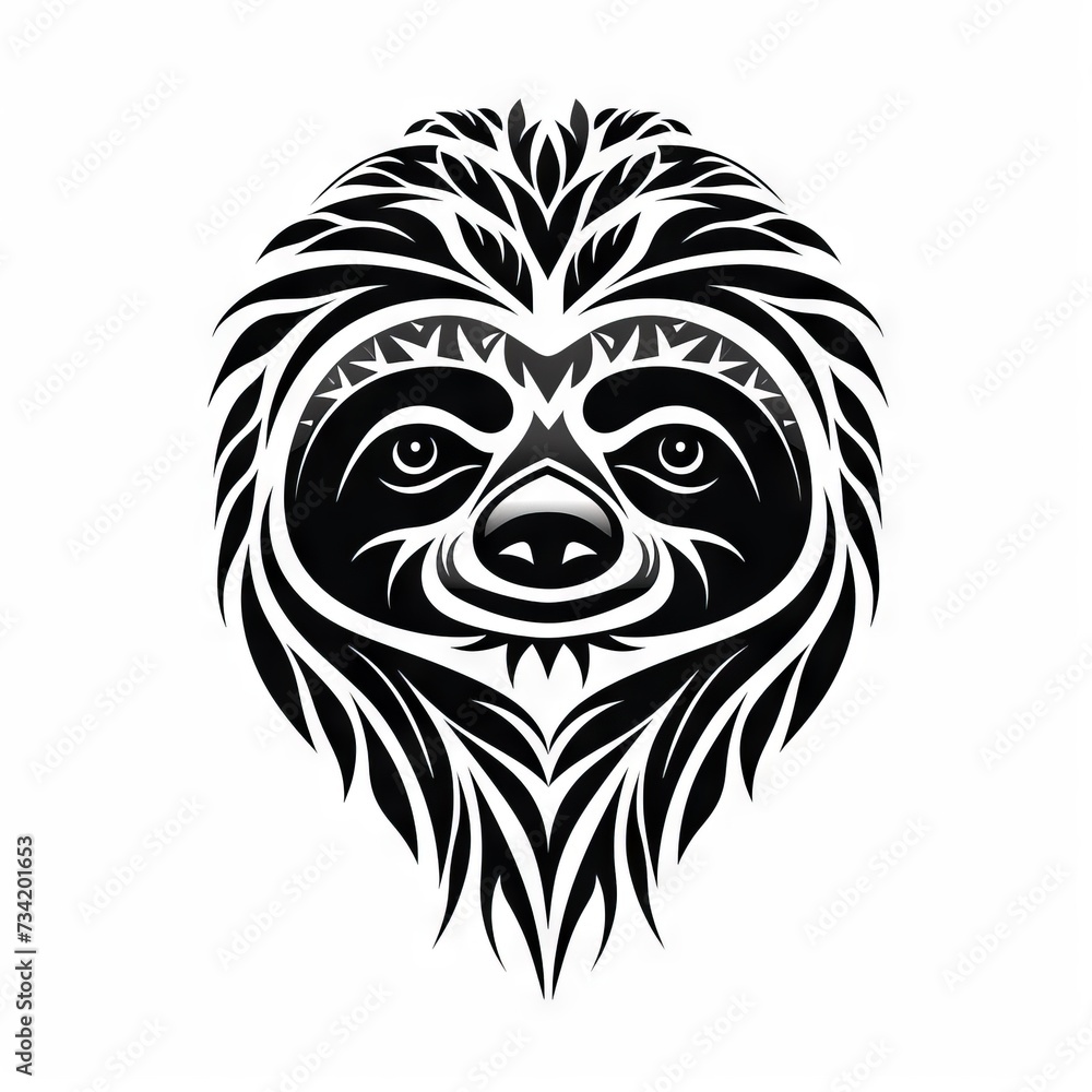 Fototapeta premium Sloth Tribal Vector Monochrome Silhouette Illustration Isolated on White Background - Tattoo - Clipart - Logo - Graphic Design Element