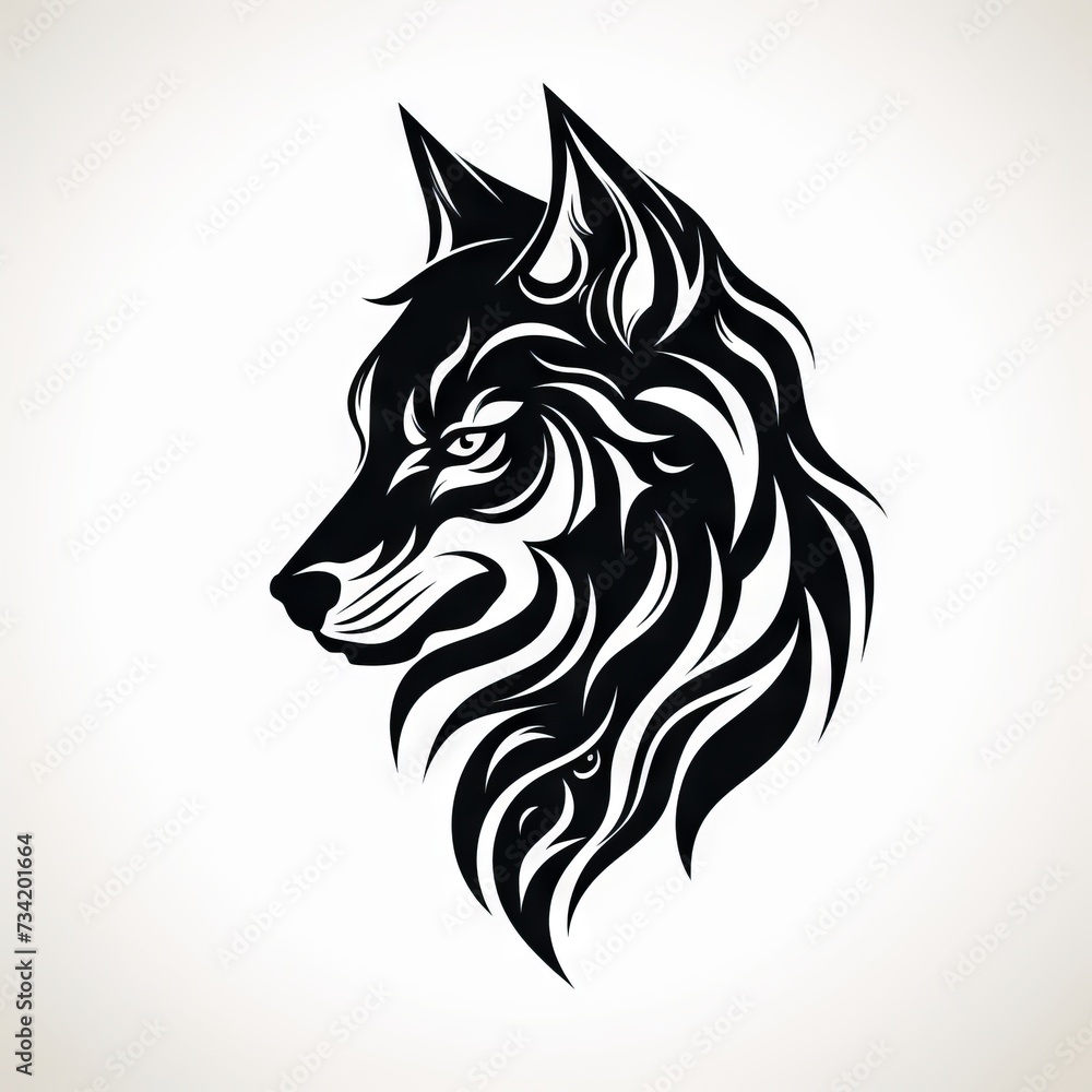 Obraz premium Wolf Head Tribal Vector Monochrome Silhouette Illustration Isolated on White Background - Tattoo - Clipart - Logo - Graphic Design Element