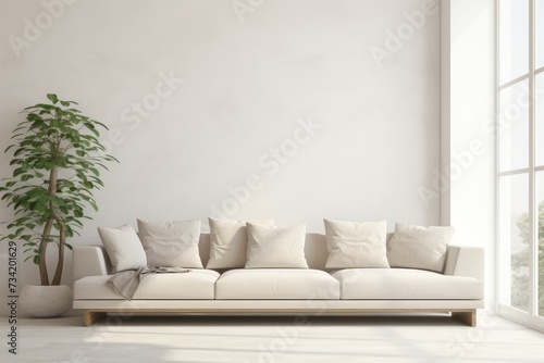 Modern Minimal clean clear contemporary living room, Modern Minimal clean clear contemporary living room home interior design daylight background beige white sofa couch in living room, Ai generated