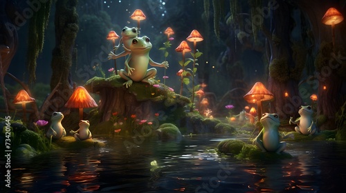 Joyful frogs playing leapfrog over giant, bouncy marshmallows in a fantastical swamp