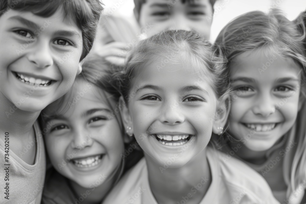 Black and white photo of smiling happy children looking at the camera, happy carefree childhood Black and white photo of smiling happy children looking at the camera, happy carefree childhood