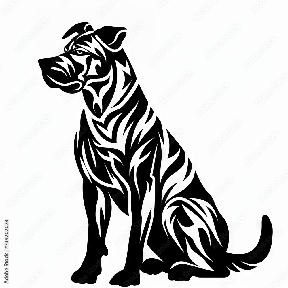 Dog Tribal Vector Monochrome Silhouette Illustration Isolated on White Background - Tattoo - Clipart - Logo - Graphic Design Element