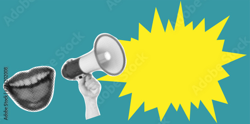 Female mouth shouting with megaphone announcing crazy promotions. Modern minimal style for poster, banner