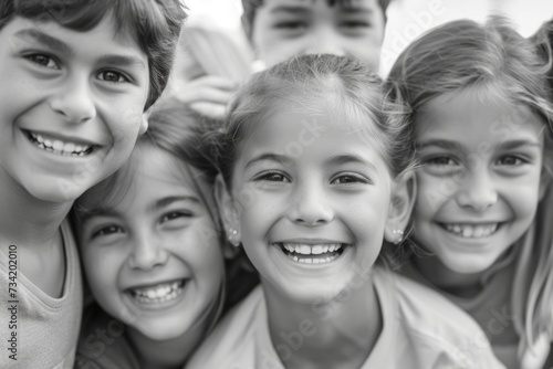 Black and white photo of smiling happy children looking at the camera, happy carefree childhood