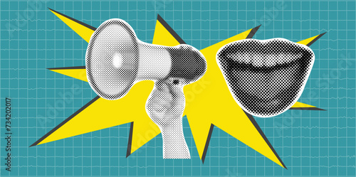 Female mouth shouting with megaphone announcing crazy promotions. Modern minimal style for poster, banner