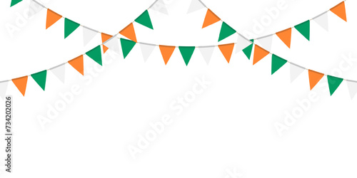 Green, white and orange flag garland. Triangle pennants chain. Party decoration. Celebration flags for decor