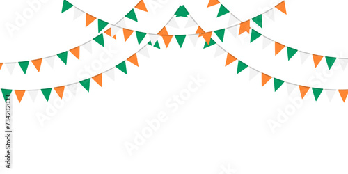 Green, white and orange flag garland. Triangle pennants chain. Party decoration. Celebration flags for decor