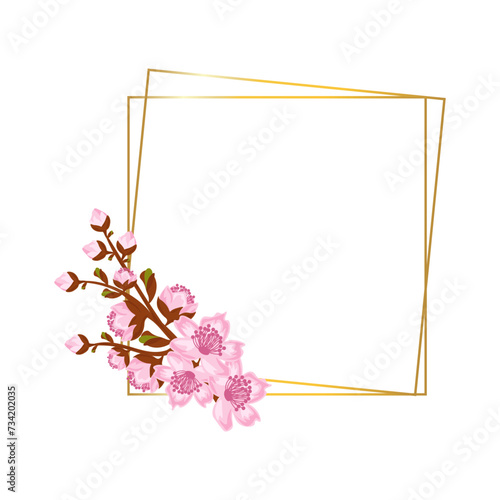 Gold frame with arrangement of twigs sakura or cherry blossom. Design for invitation or greeting cards