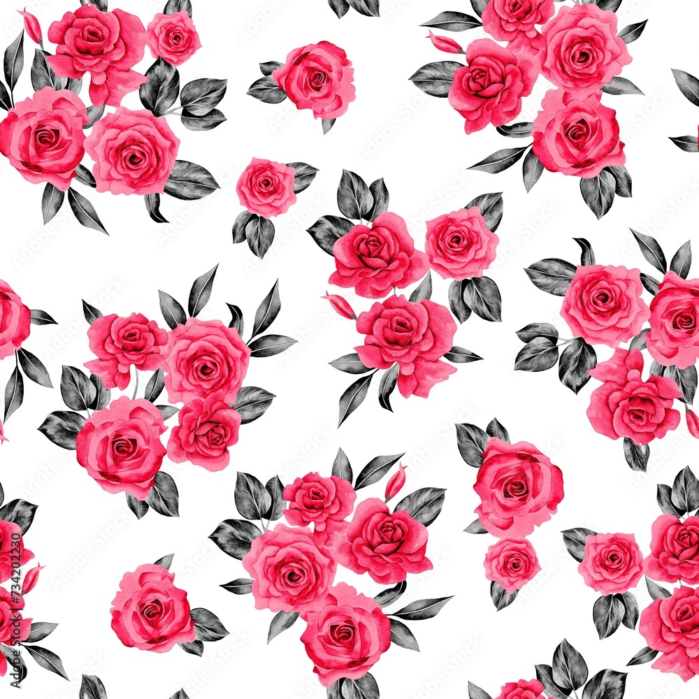 Watercolor flowers pattern, red romantic roses, black leaves, white background, seamless