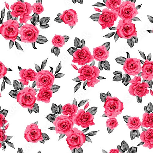 Fototapeta Naklejka Na Ścianę i Meble -  Watercolor flowers pattern, red romantic roses, black leaves, white background, seamless