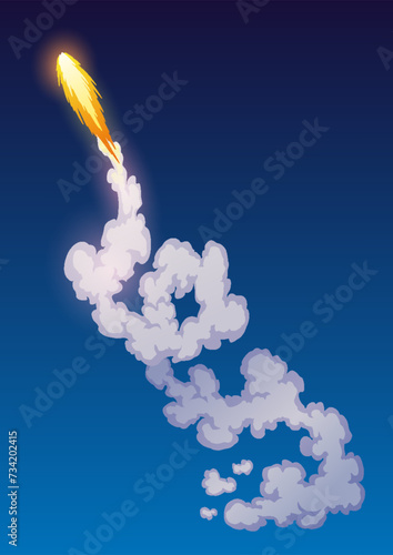 Rocket trail fire smoke, spaceship launch with clouds, spaceflight effects. Space rocket of galaxy shuttle or spacecraft engine. Cartoon vector illustration