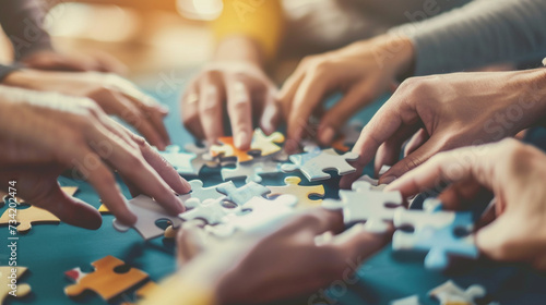 A close-up of diverse hands coming together to complete a puzzle, metaphorically solving challenges through teamwork, blurred background, with copy space