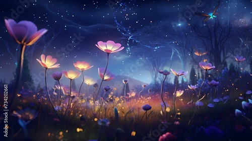 Luminescent fireflies creating intricate patterns in the night sky over a dreamy meadow, where oversized flowers bloom in a surreal dance of colors