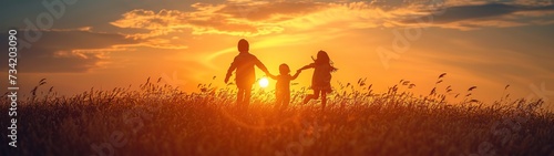 silhouette of children jumping in the grass holding hands at sunset  © taraskobryn