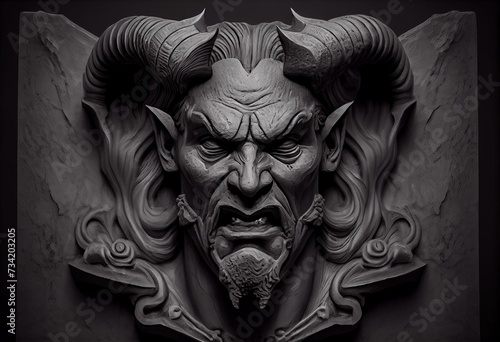 Head of the devil, sculptural relief made of gray stone ai Generated, generative AI, CGI graphics
