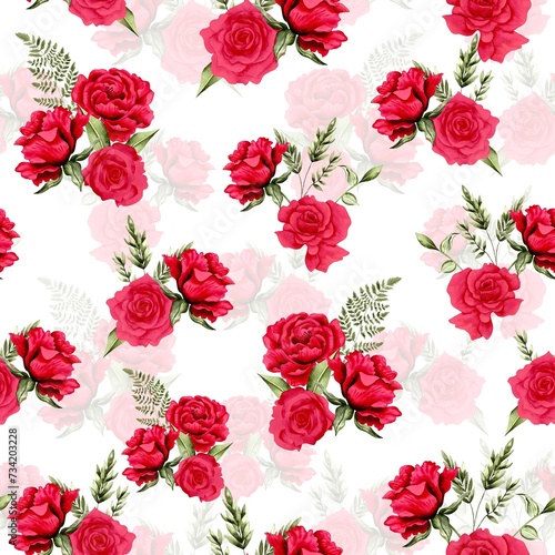Fototapeta Naklejka Na Ścianę i Meble -  Watercolor flowers pattern, red romantic roses, green leaves, white background, seamless