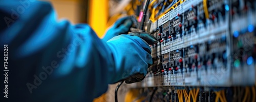 Close up photograph of an electrician worker checking Electrical distribution during the afternoon . photo