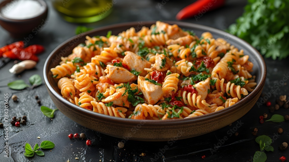 Italian cold pasta salad with fusilli tomato olive and arugula served in a brown bowl on a background Italian cold pasta salad with fusilli tomato olive and arugula served in a brown bowl on a background