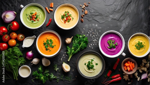 assortment of colored vegetable cream soups on a black stone background. Presented from a top view, highlight the dietary aspect of the food and ensure free space for copy