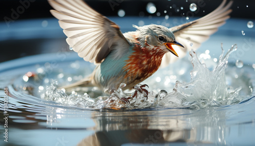 Seagull flying, splashing, catching fish, drinking water, freedom in nature generated by AI