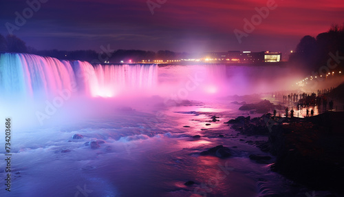 The illuminated cityscape reflects on the calm, purple twilight water generated by AI