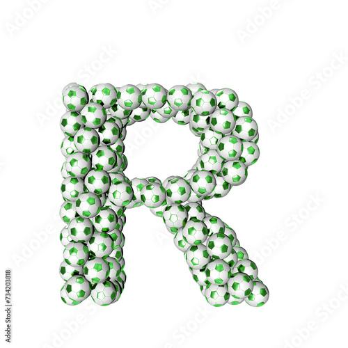 3d symbol made from green soccer balls. letter r