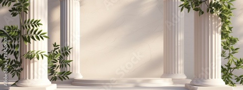 Background podium column 3d roman luxury greek white ancient display product classic. Podium platform background column pillar stage minimal stand beauty design greece render scene plant cosmetic rome photo