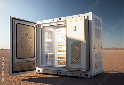 Production refrigerator with solar battery. Energy efficient refrigerator container. External refrigerator chamber near production hangar. Open production refrigerator on sunny day. 3d. Generative AI