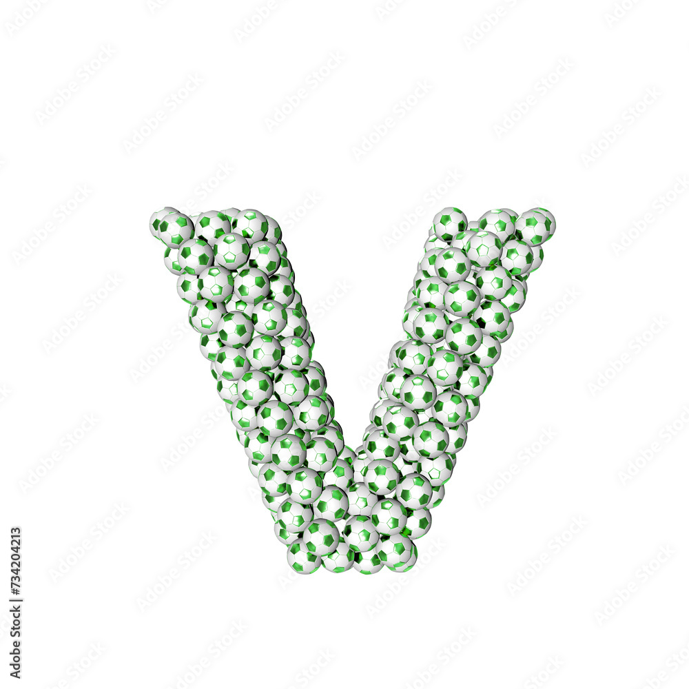 3d symbol made from green soccer balls. letter v 3d symbol made from green soccer balls. letter v