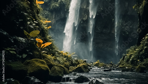 Majestic waterfall flowing through tropical rainforest, a breathtaking adventure generated by AI