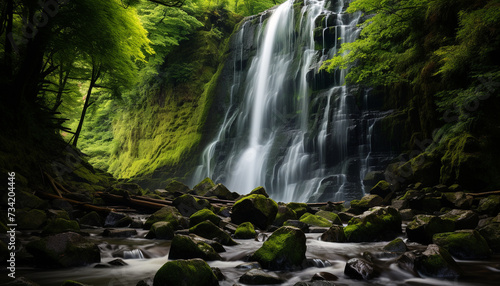 The flowing water in the tropical rainforest creates natural beauty generated by AI